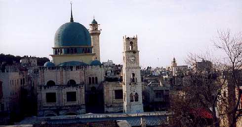 Rooftop view of Bab Al-Saha square, the memorial clock tower in memory of Sultan Abdul Hamid and the Al-Nasir Mosque in the old city Nablus.